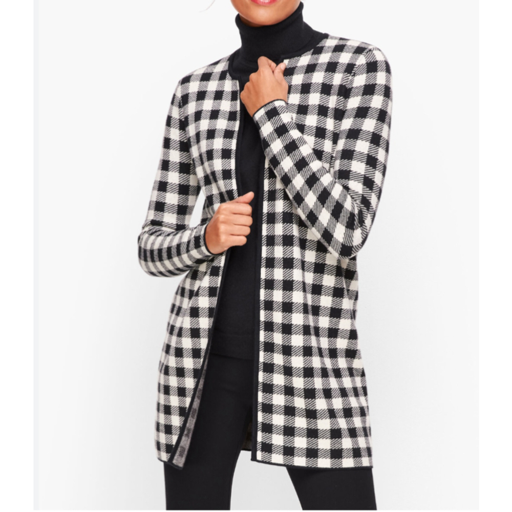 Talbots Black White Buffalo Plaid Check Open Cardigan Sweater Jacket Sz Medium